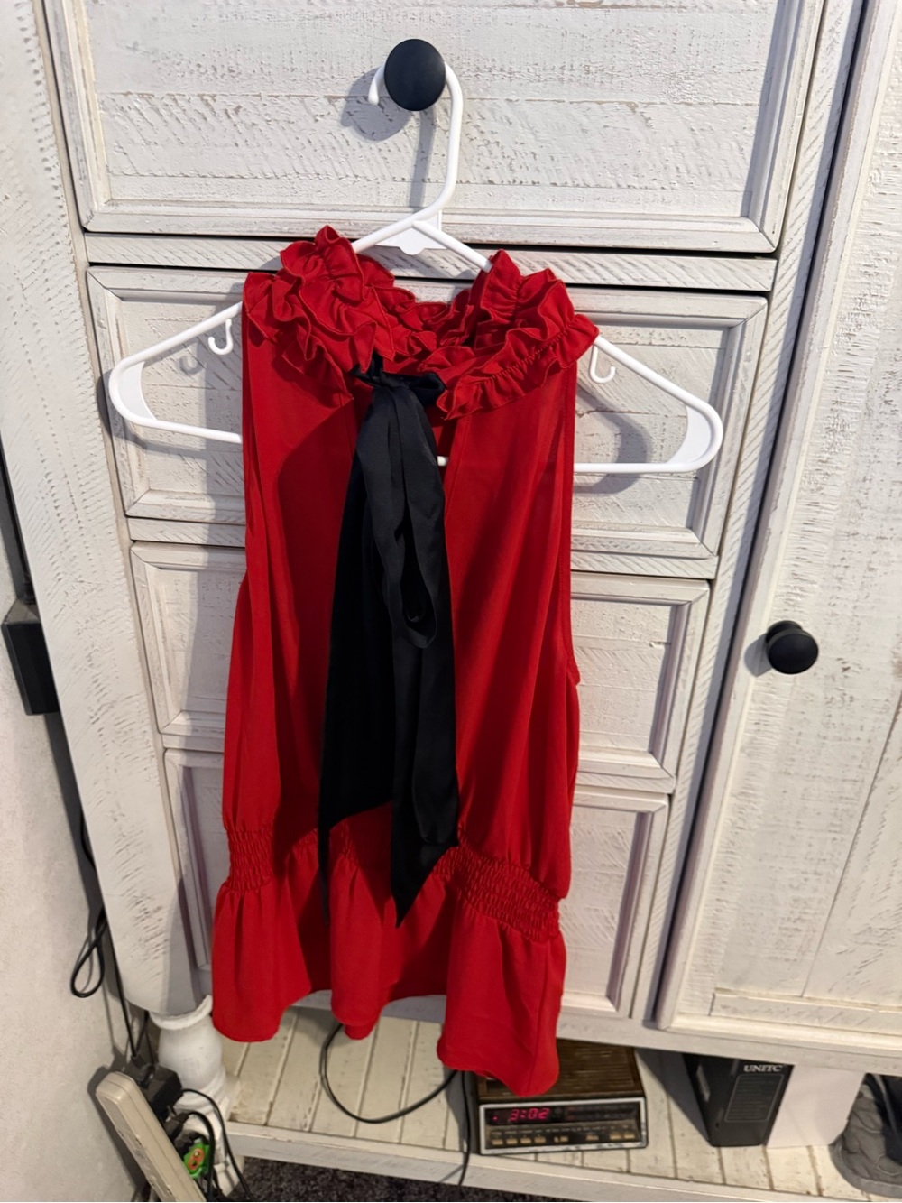 New York & Company Red Ruffled Halter Blouse with Black Tie